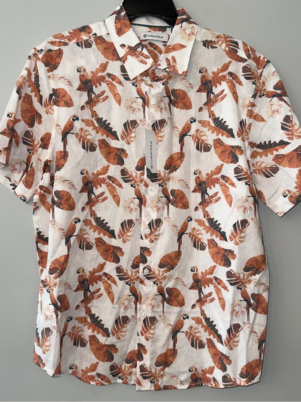 Cubavera Men's White Short-Sleeve Tropical Print Shirt - Brown Leaf & Parrot
